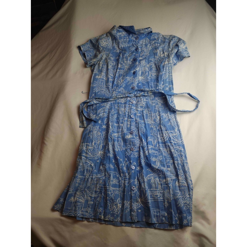 Carolina Colours Shirt Dress Womens Size 12 Toile Print Short Sleeve Button Up